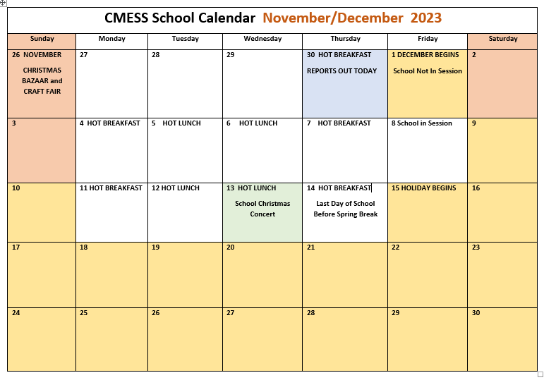 School Calendar - Captain Meares Elementary Secondary School